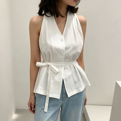 Halter-Neck Plain Button-Up Top