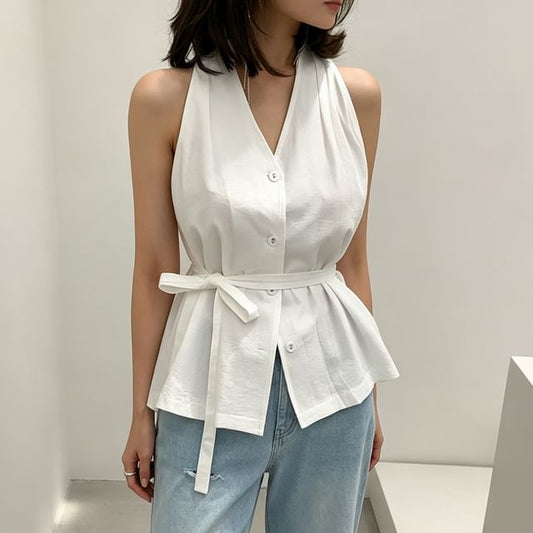 Halter-Neck Plain Button-Up Top