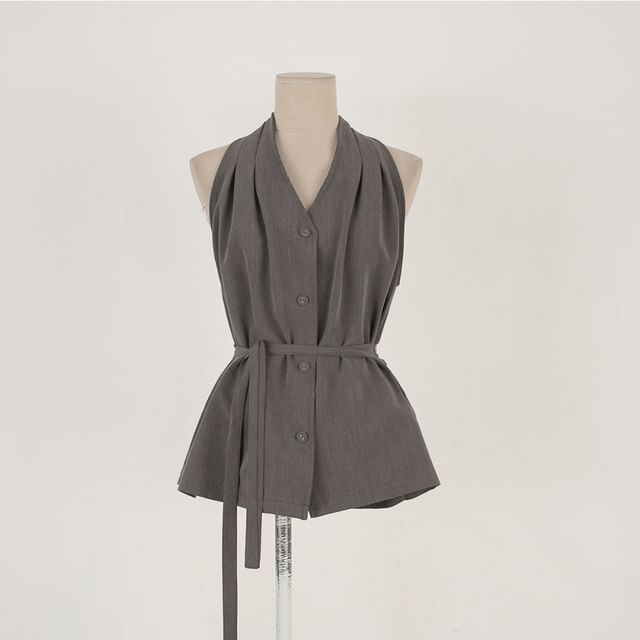 Halter-Neck Plain Button-Up Top
