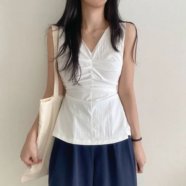 Sleeveless V-Neck Plain Ruched Top