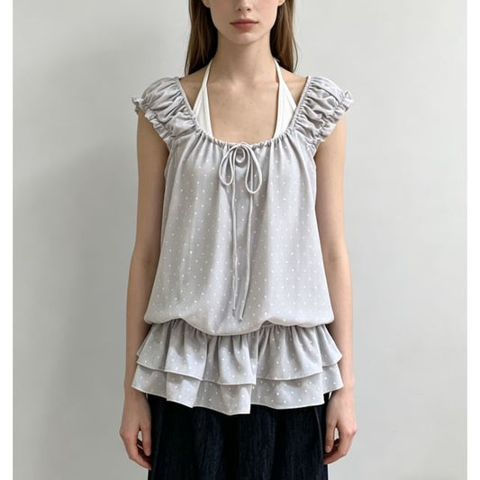 Set: Cap Sleeve Scoop Neck Ruffled-Trim Dotted Slim-Fit Top + Halter Neck  Plain Tank Top