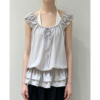 Set: Cap Sleeve Scoop Neck Ruffled-Trim Dotted Slim-Fit Top + Halter Neck  Plain Tank Top