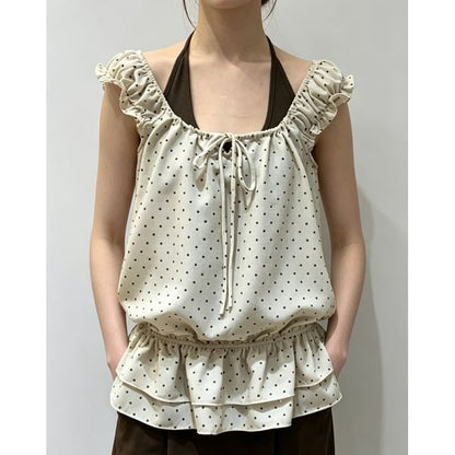 Set: Cap Sleeve Scoop Neck Ruffled-Trim Dotted Slim-Fit Top + Halter Neck  Plain Tank Top