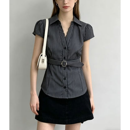Short Sleeve V-Neck Lace-Trim Striped Tie-Waist Slim-Fit Shirt