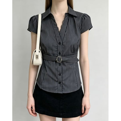 Short Sleeve V-Neck Lace-Trim Striped Tie-Waist Slim-Fit Shirt