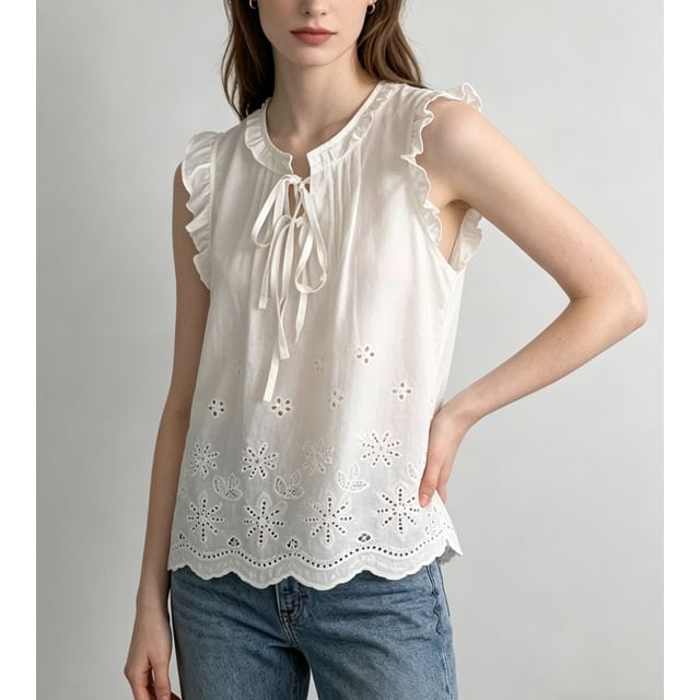 Scoop Neck Ruffled-Trim Tie-Front Eyelet Loose-Fit Tank Top