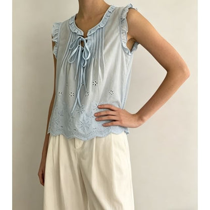 Scoop Neck Ruffled-Trim Tie-Front Eyelet Loose-Fit Tank Top