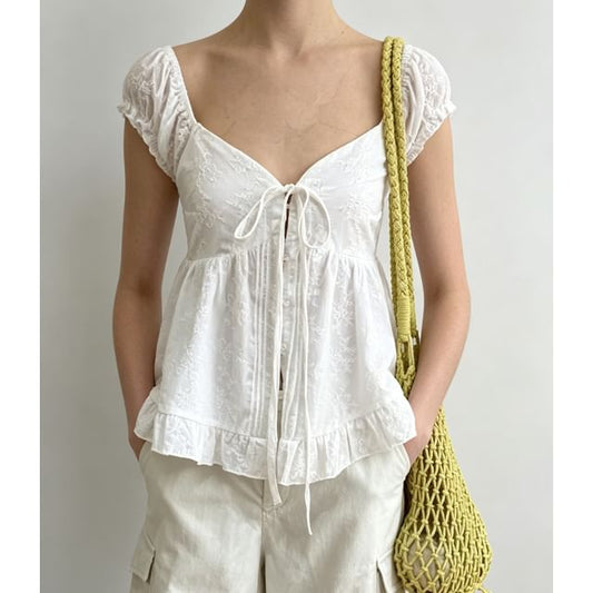 Puff Sleeve Sweetheart Neckline Plain Tie-Front Ruffled Hem Blouse