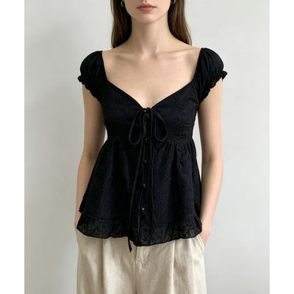 Puff Sleeve Sweetheart Neckline Plain Tie-Front Ruffled Hem Blouse