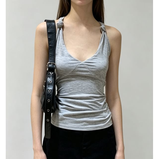 V-Neck Knotted Strap Plain Slim-Fit Tank Top
