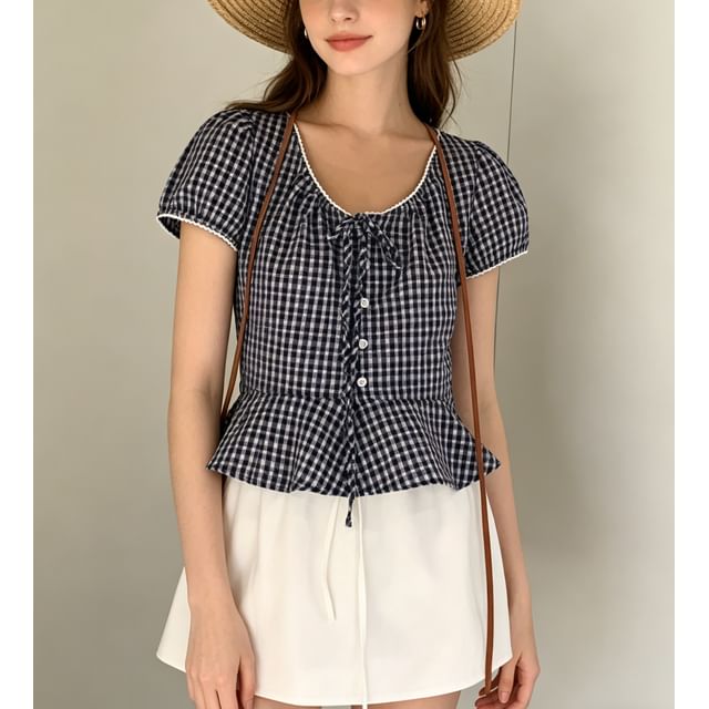Puff Sleeve V-Neck Gingham Peplum Blouse