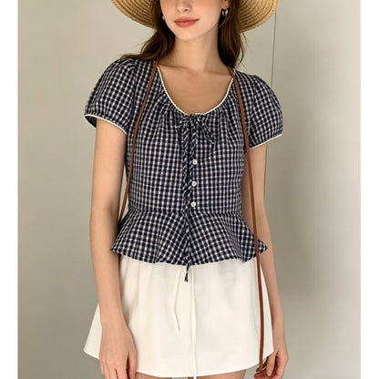Puff Sleeve V-Neck Gingham Peplum Blouse