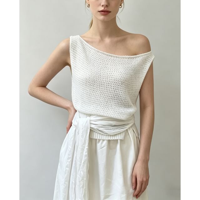 Boat Neck Plain Crochet Knit Tank Top