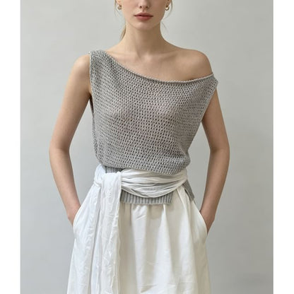 Boat Neck Plain Crochet Knit Tank Top