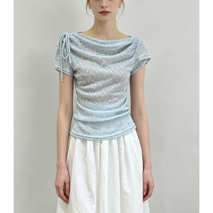 Short Sleeve Cowl Neck Drawstring Lace Slim-Fit Top