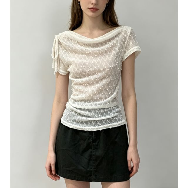 Short Sleeve Cowl Neck Drawstring Lace Slim-Fit Top