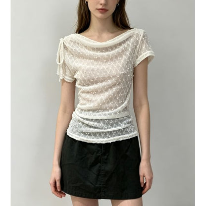 Short Sleeve Cowl Neck Drawstring Lace Slim-Fit Top