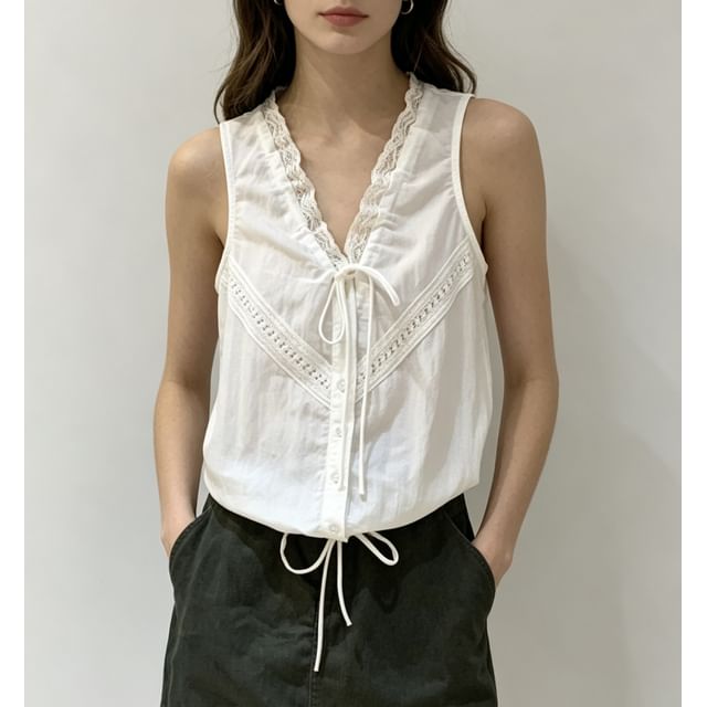 V-Neck Lace-Trim Tie-Front Drawstring Tank Top