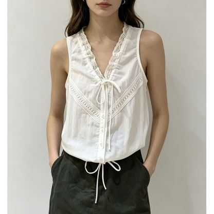 V-Neck Lace-Trim Tie-Front Drawstring Tank Top