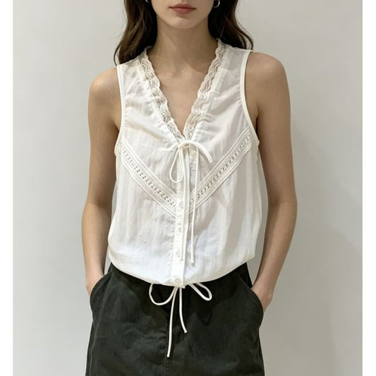 V-Neck Lace-Trim Tie-Front Drawstring Tank Top