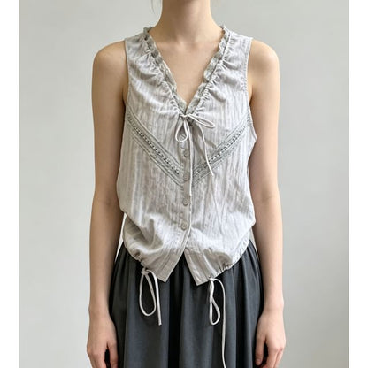 V-Neck Lace-Trim Tie-Front Drawstring Tank Top