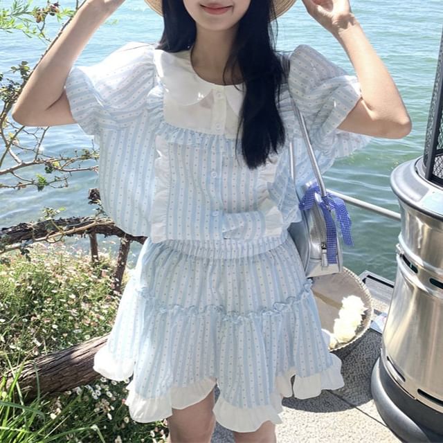 Short Sleeve Collared Dotted Striped Ruffle Panel Blouse / Elastic Waist Mini A-Line Skirt