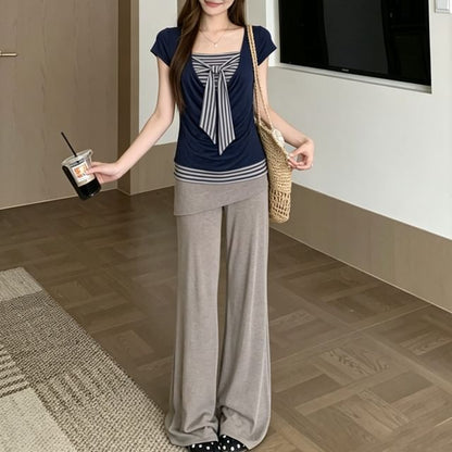 Short Sleeve Striped Bow Mock Two Piece Top / High Waist Plain Skirt Overlay Flared Pants