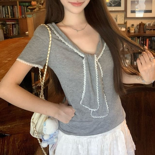 Short Sleeve Tie Neck Lace Trim Top