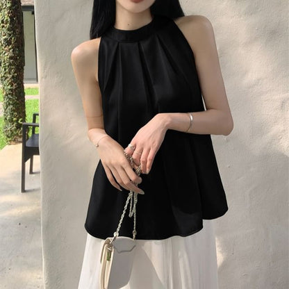 Sleeveless Crewneck Plain Flowy Top