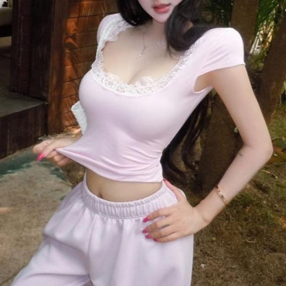 Cap-Sleeve Scoop Neck Lace Crop Top / Elastic Waist Plain Sweatpants