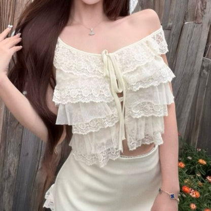 Sleeveless Lace Crop Top / High Waist Asymmetrical Mini Skirt