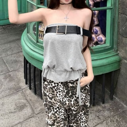 Plain Crop Tube Top / Mid Waist Leopard Print Wide Leg Pants