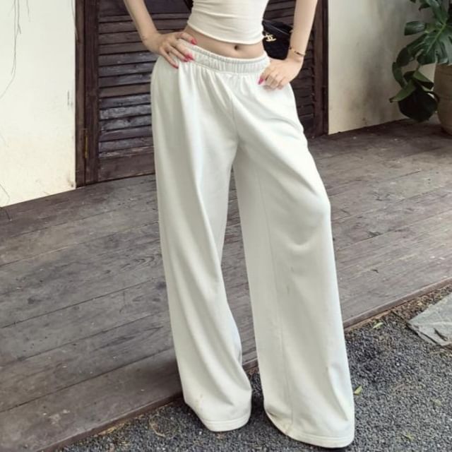 Cap-Sleeve Scoop Neck Lace Crop Top / Elastic Waist Plain Sweatpants