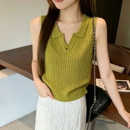 Collared Plain Knit Tank Top