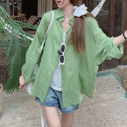 Long-Sleeve Plaid Button-Up Sheer Shirt