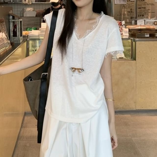 Short-Sleeve V-Neck Lace Trim Sheer T-Shirt