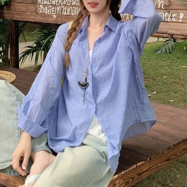 Long-Sleeve Plaid Button-Up Sheer Shirt