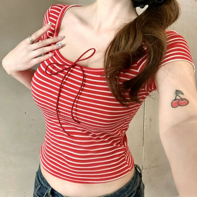 Short-Sleeve Square Neck Striped Crop T-Shirt