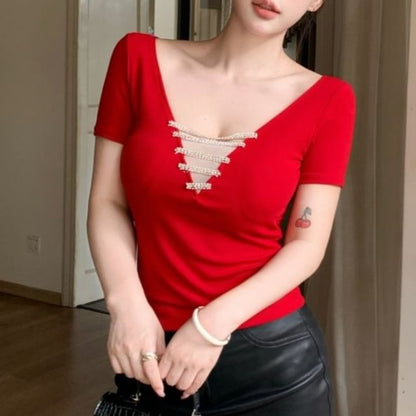 Short-Sleeve V-Neck Rhinestone Accent Crop T-Shirt