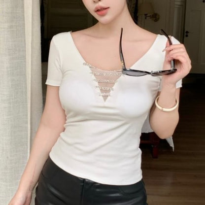Short-Sleeve V-Neck Rhinestone Accent Crop T-Shirt