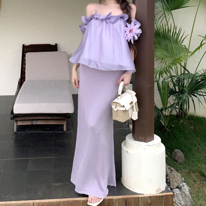 Off Shoulder Flower Detail Ruffle Trim Top / Mid Rise Knit Maxi Pencil Skirt