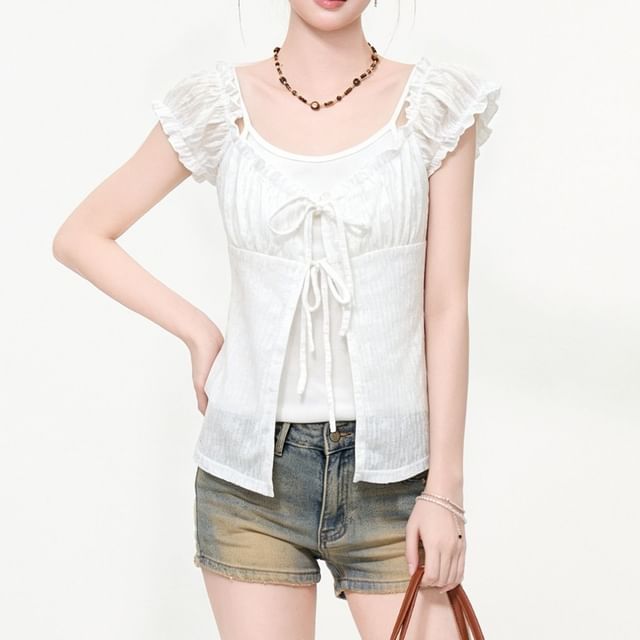 Mock Two-Piece Cap-Sleeve V-Neck Plain Frill Trim Tie Front Crop Top