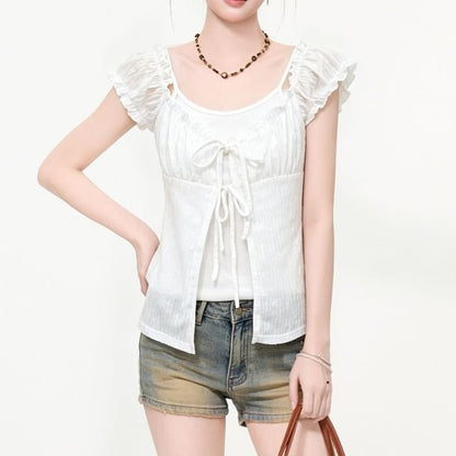 Mock Two-Piece Cap-Sleeve V-Neck Plain Frill Trim Tie Front Crop Top