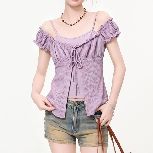 Mock Two-Piece Cap-Sleeve V-Neck Plain Frill Trim Tie Front Crop Top