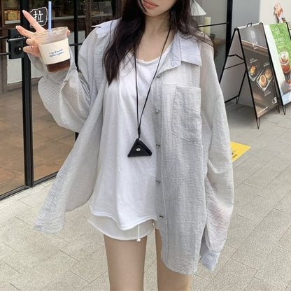 Long-Sleeve Button-Up Sheer Shirt