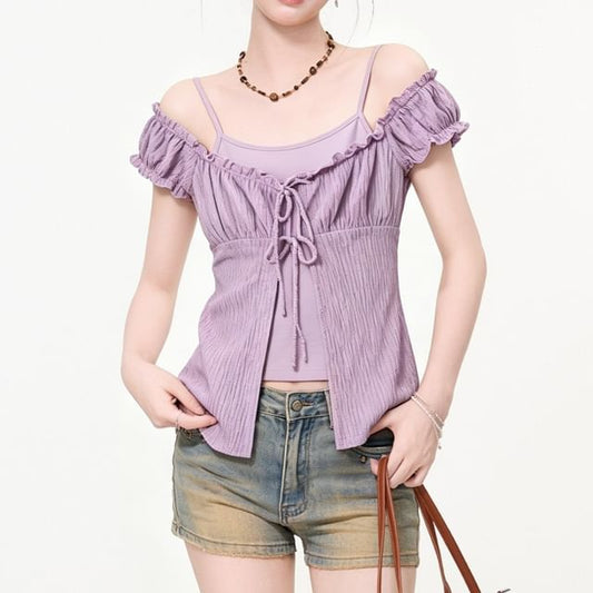 Mock Two-Piece Cap-Sleeve V-Neck Plain Frill Trim Tie Front Crop Top