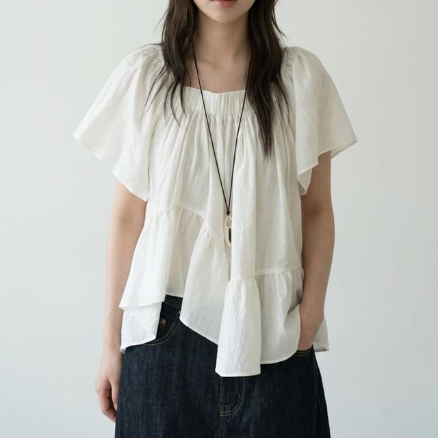 Short-Sleeve Square Neck Plain Asymmetrical Ruffle Hem Blouse