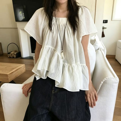 Short-Sleeve Square Neck Plain Asymmetrical Ruffle Hem Blouse