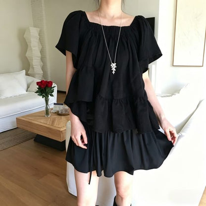 Short-Sleeve Square Neck Plain Asymmetrical Ruffle Hem Blouse