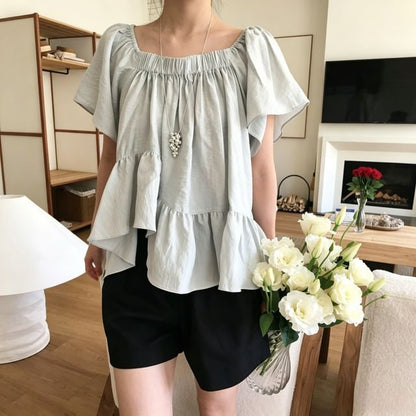 Short-Sleeve Square Neck Plain Asymmetrical Ruffle Hem Blouse